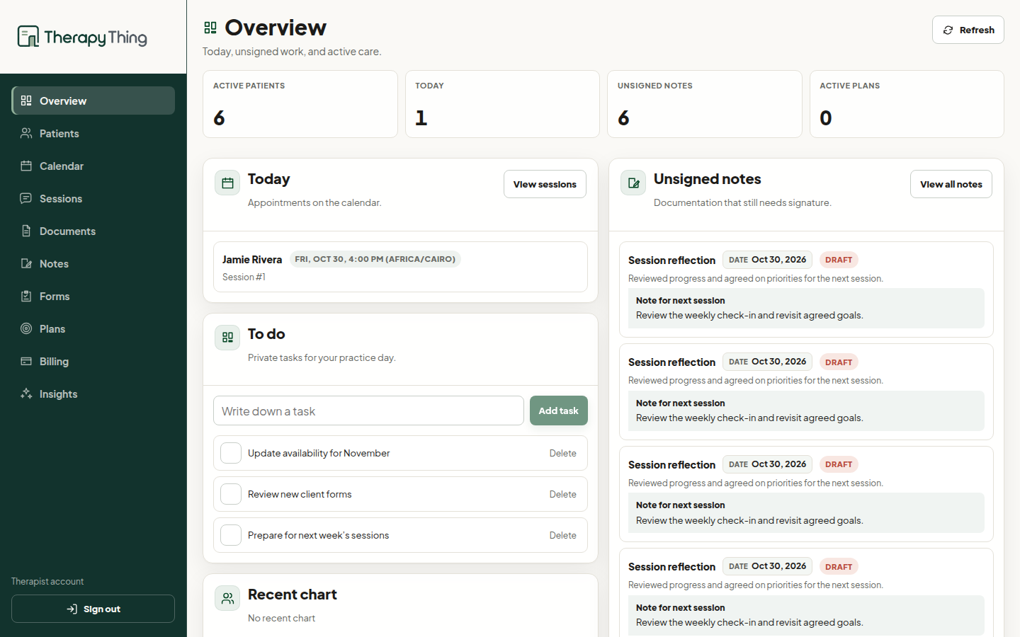 Therapy Thing dashboard with appointments, practice tasks and session notes