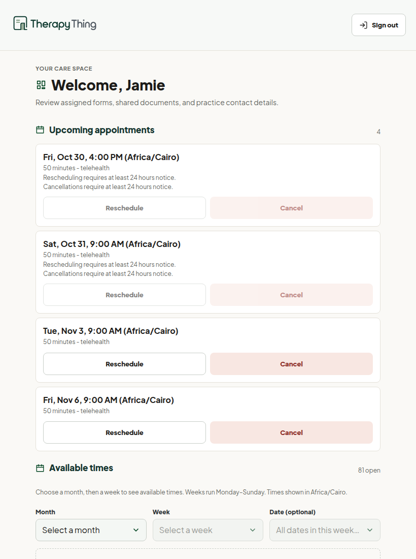Client portal with upcoming appointments and available times